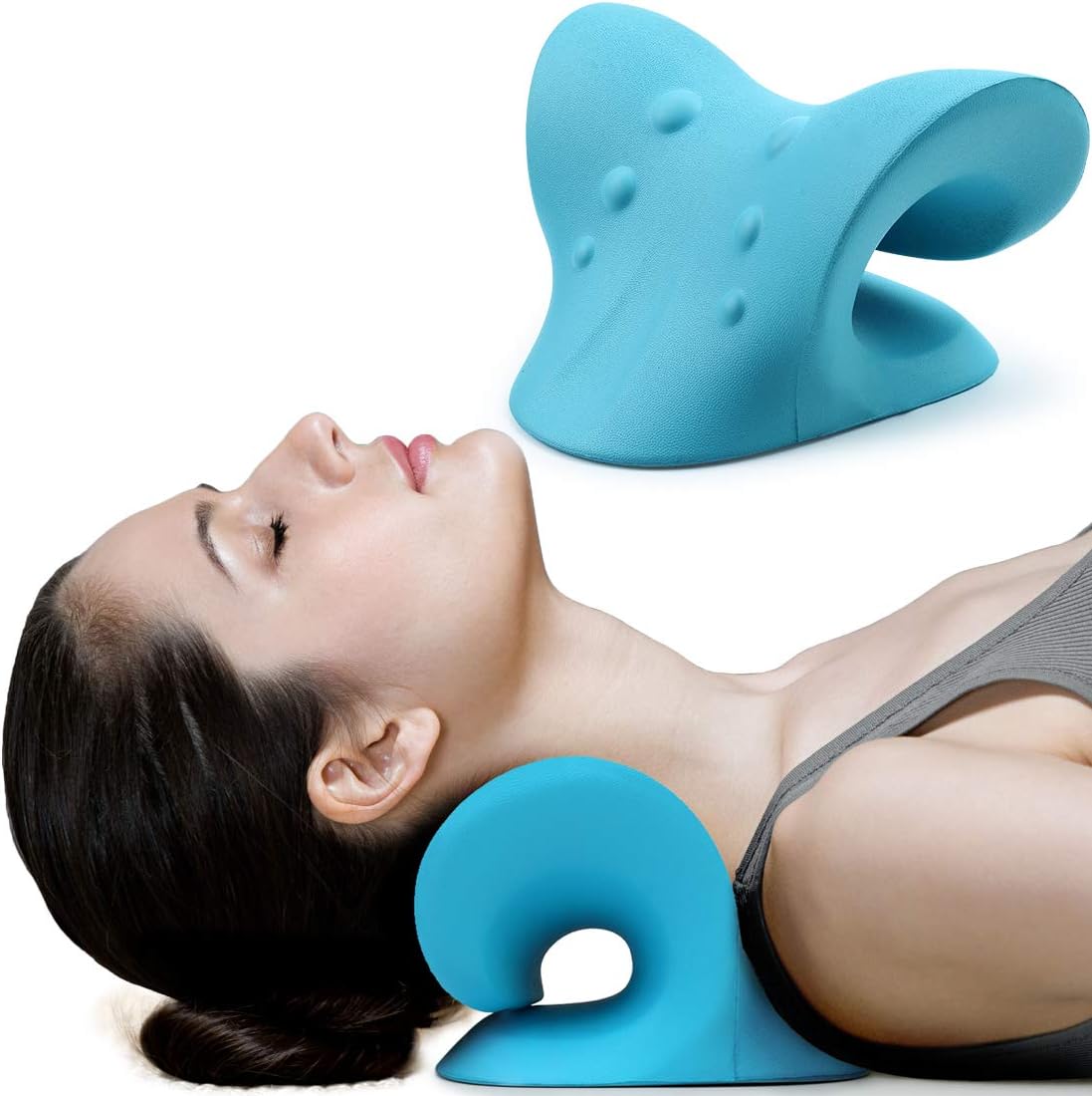 Neck and Shoulder Relaxer, Cervical Traction Device for TMJ Pain Relief and Cervical Spine Alignment, Neck Stretcher (Blue)