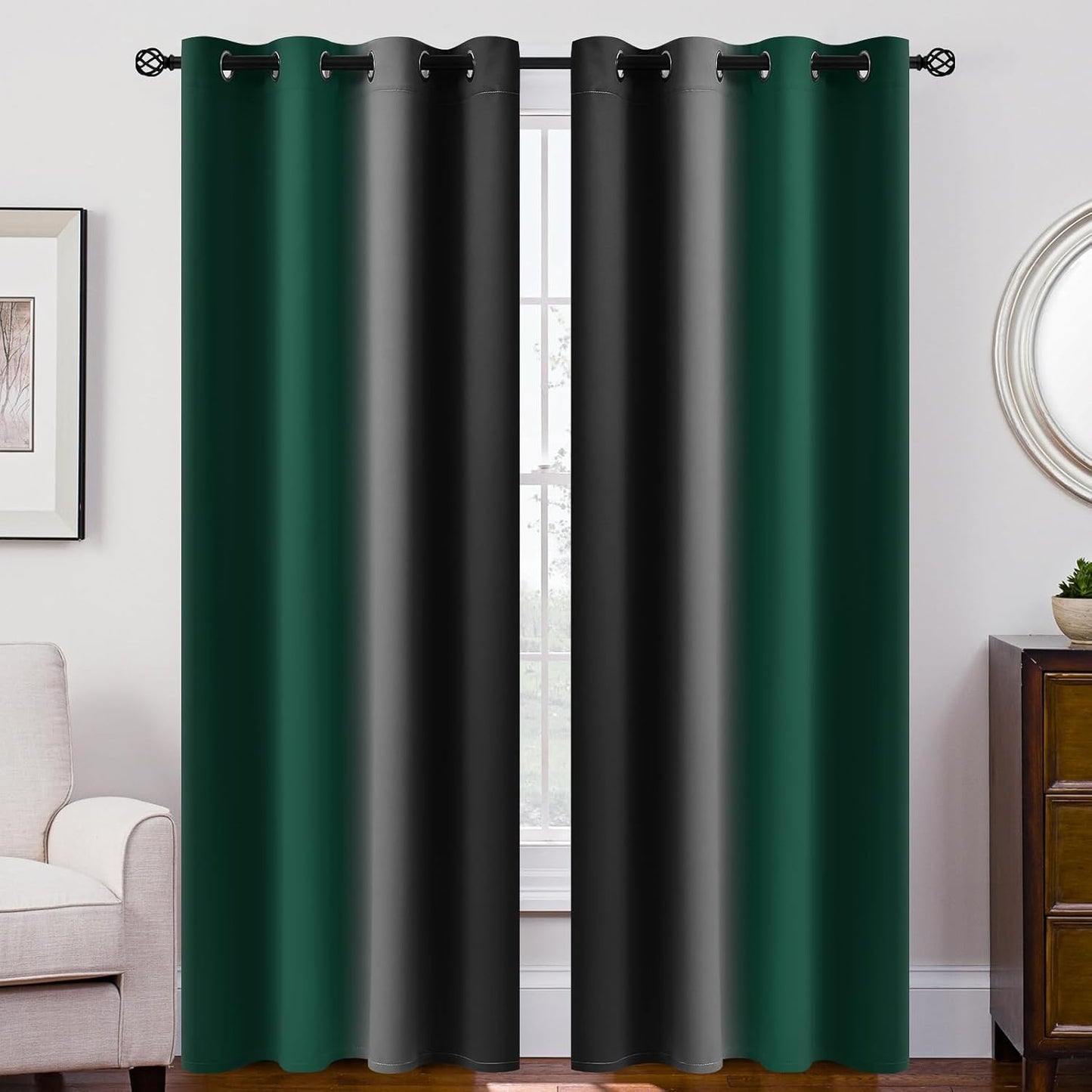 Ombre Room Darkening Curtains for Bedroom, Light Blocking Thermal Insulated Grommet Window Curtain/Drapes for Living Room,2 Panels,Green&Black