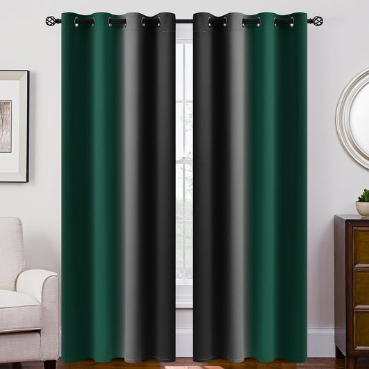 Ombre Room Darkening Curtains for Bedroom, Light Blocking Thermal Insulated Grommet Window Curtain/Drapes for Living Room,2 Panels,Green&Black