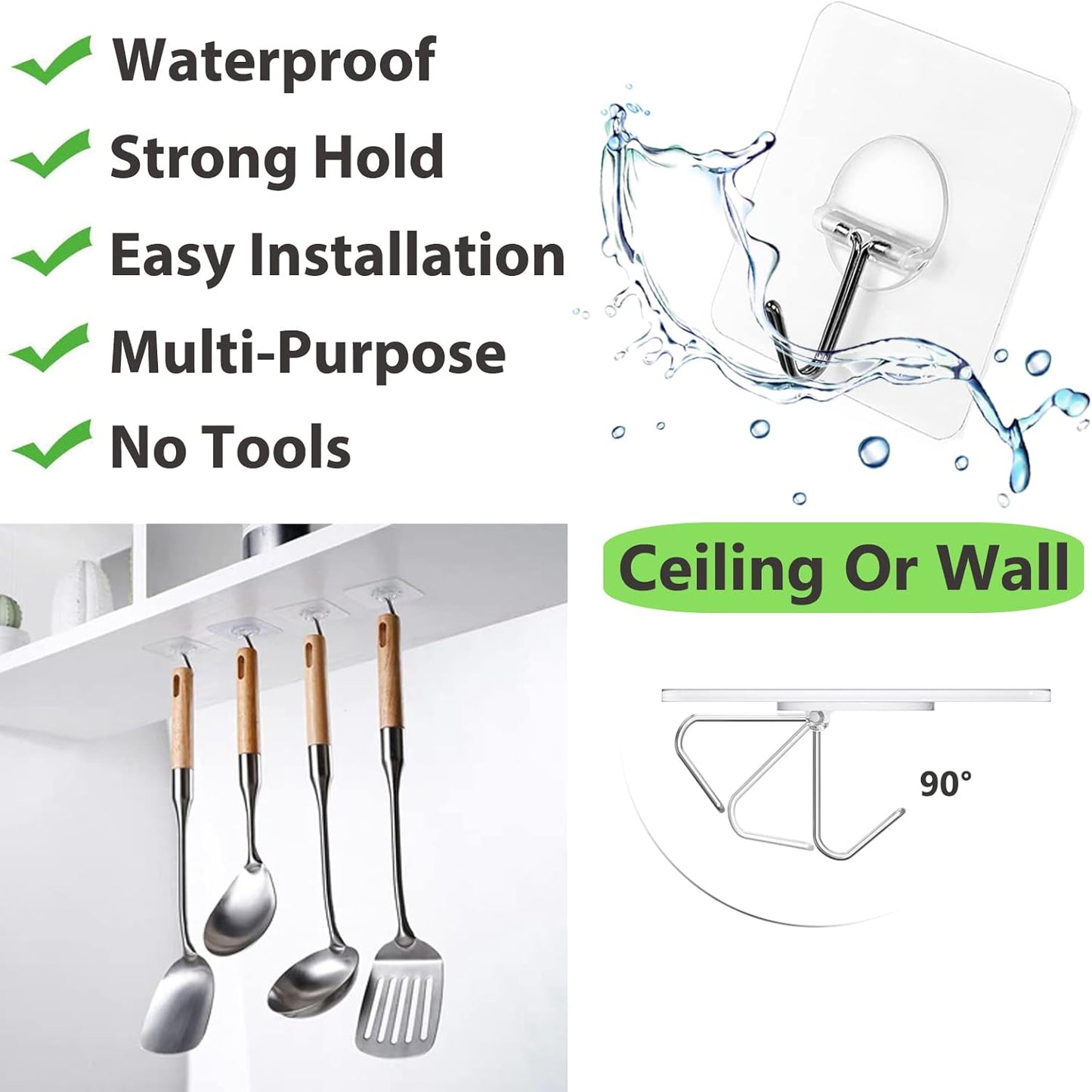 Hanging Heavy Duty Hooks Self Adhesive Towel Coat Hooks Waterproof Transparent Hook for Bathroom Shower Kitchen Keys Improvement Utility Hook,Large Black