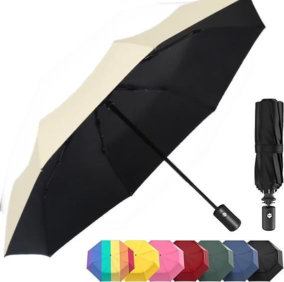 Windproof Compact Umbrellas for Rain - Strong Design & Auto Open & Close - Portable Folding Travel  -All-weather-Light & Portable for Women & Men,Beige
