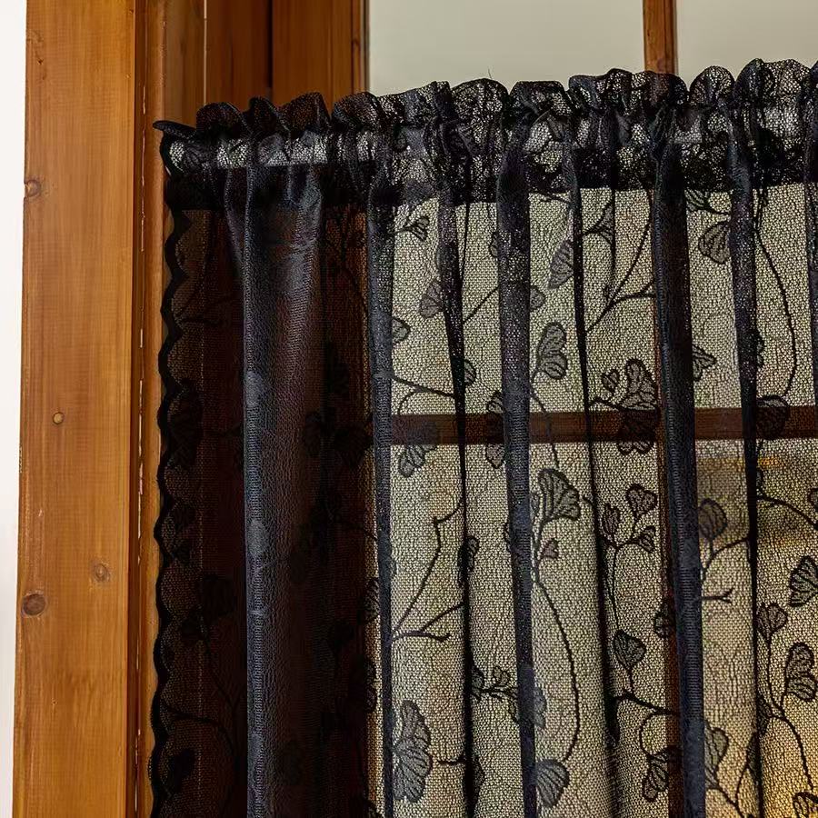 Vintage Lace Curtains Romantic Ginkgo biloba leaves pattern Curtains Panels for Kithchen Living Room French Door, Black