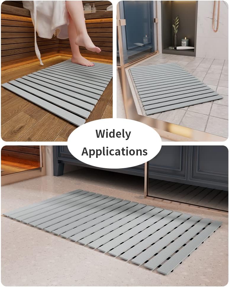 Shower-Mat Non Slip, Heavy Duty Bathtub-Mat Curlable Quick Drain Sturdy Bath Tub Mat Without Suction Cups for Indoor Outdoor Use, Grey