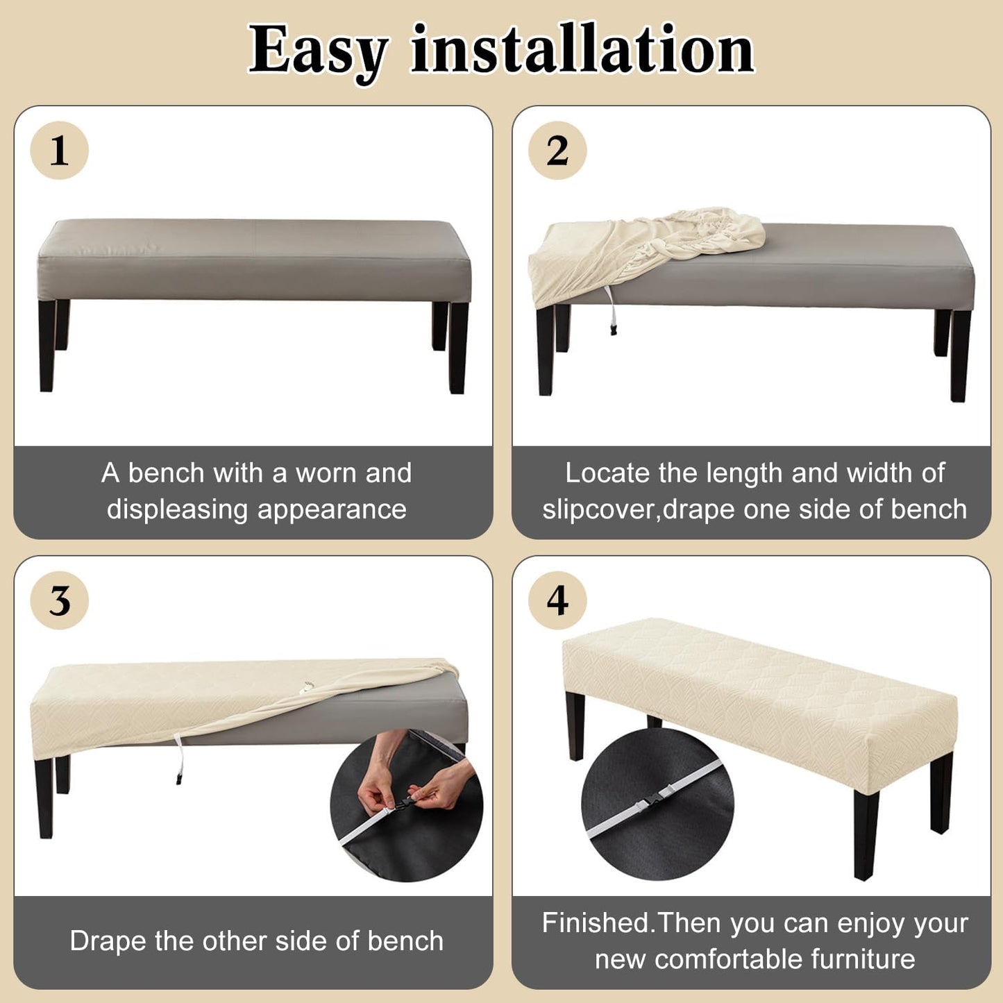 Dining Bench Cover Waterproof, Washable Long Bench Covers Slipcover, Stretch Rectangle Bench Seat Covers for Living Rooms, Bedroom, Kitchen, Piano Bench Cover, Beige