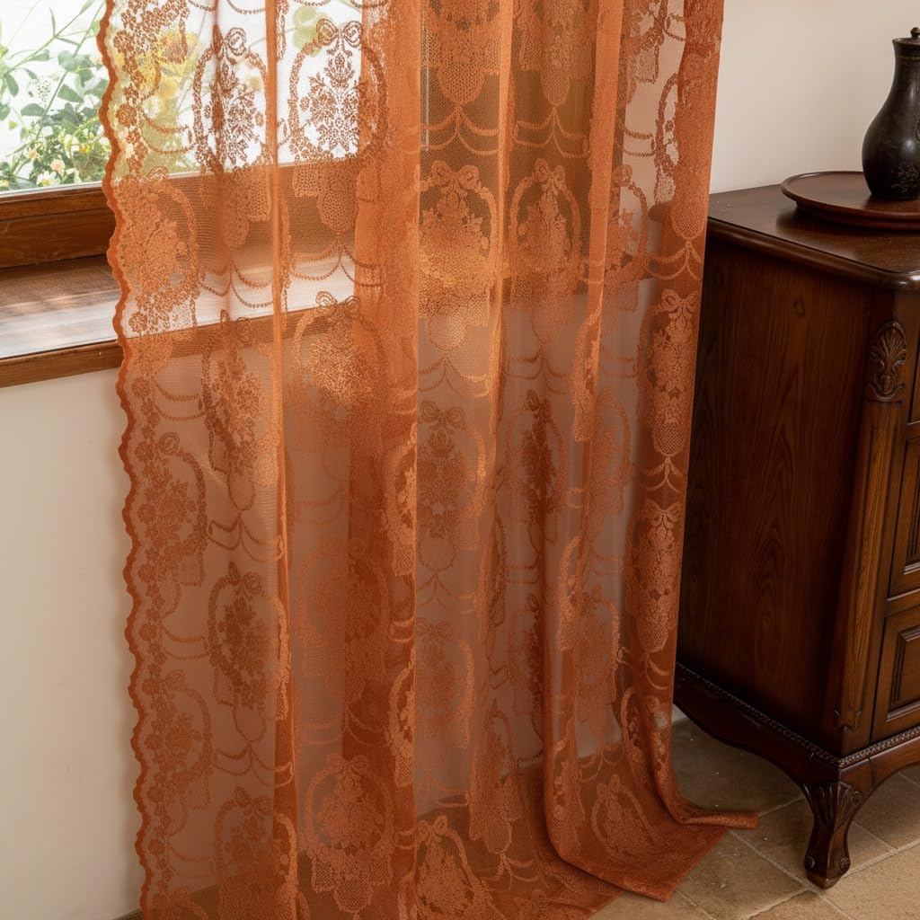 Burnt Orange Lace French Delicacy Curtains -Rod Pocket Luxury Vintage Bow Butterfly Flower Sheer Lace Curtains for Living Room Bedroom
