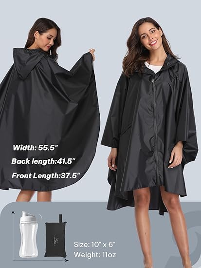Unisex Rain Poncho Raincoat Hooded with Pockets&Zipper ,Fashion,Beautiful, Durable, Lightweight,(Black)