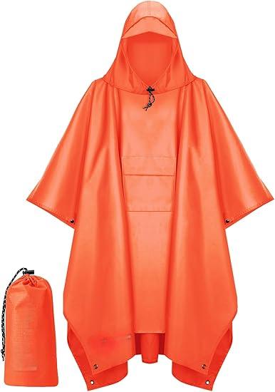 Hooded Rain Poncho for Adult with Pocket, Waterproof Lightweight Unisex Raincoat for Hiking Camping Emergency ,Orange