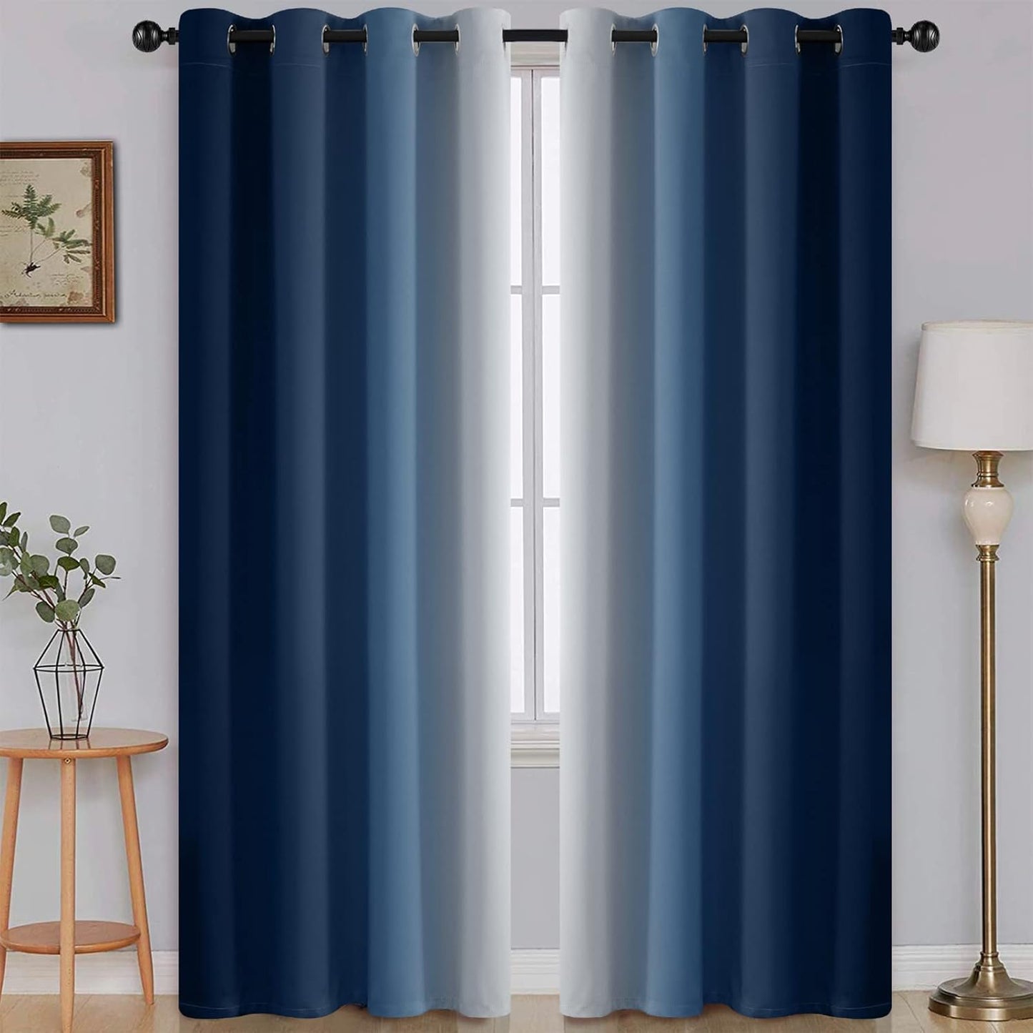 Ombre Room Darkening Curtains for Bedroom, Light Blocking Thermal Insulated Grommet Window Curtain/Drapes for Living Room,2 Panels,Navy&White