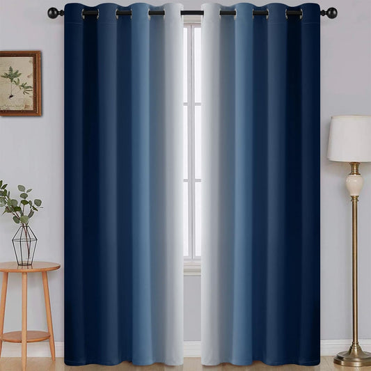 Ombre Room Darkening Curtains for Bedroom, Light Blocking Thermal Insulated Grommet Window Curtain/Drapes for Living Room,2 Panels,Navy&White