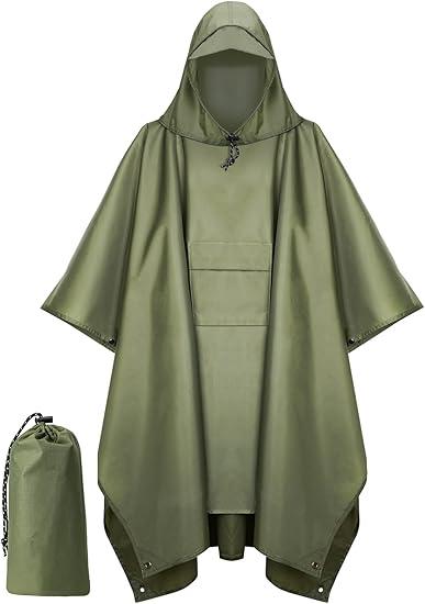 Hooded Rain Poncho for Adult with Pocket, Waterproof Lightweight Unisex Raincoat for Hiking Camping Emergency ,Green