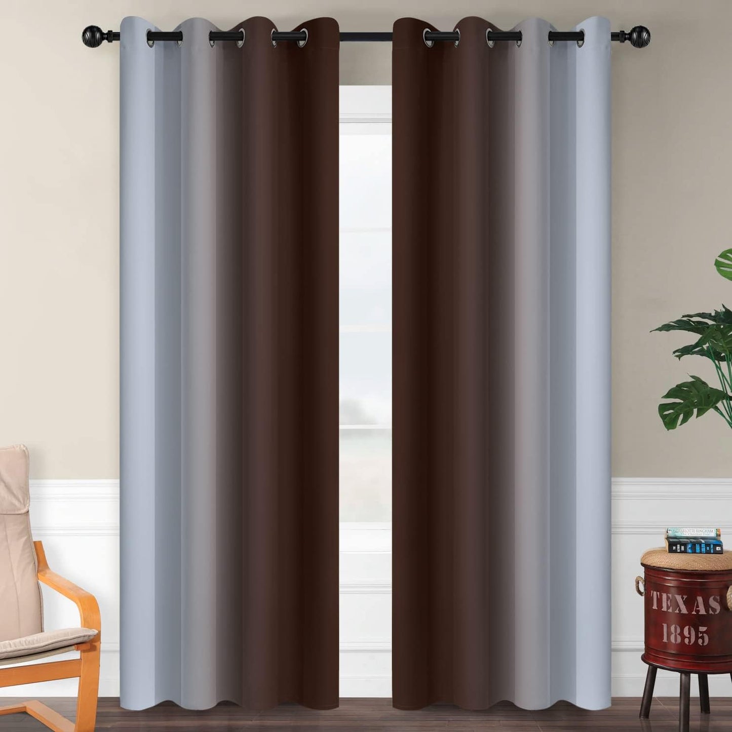 Ombre Room Darkening Curtains for Bedroom,  Light Blocking Thermal Insulated Grommet Window Curtain/Drapes for Living Room,2 Panels,Brown&White