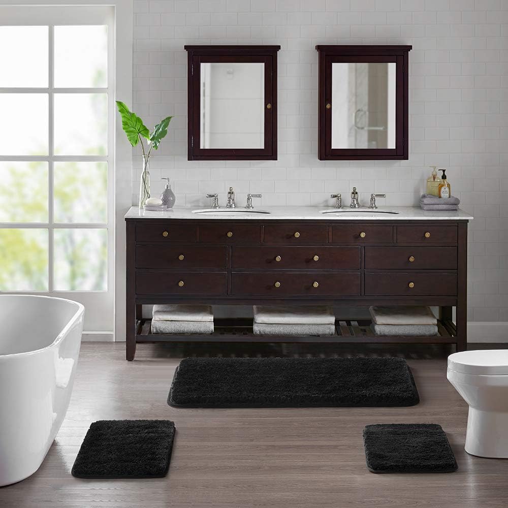 Bath Rug for Bathroom Non Slip Bathroom Mat Water Absorbent Soft Microfiber Shaggy Bathroom Rug Machine Washable Bath Mat,Black