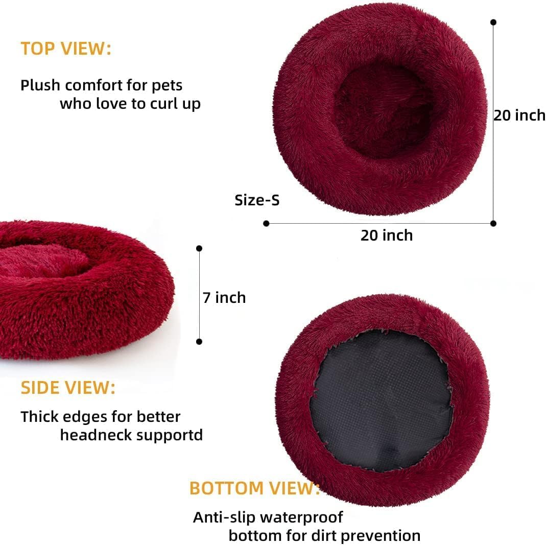 Anti Anxiety Round Fluffy Plush Faux Fur Warm Washable Dog Bed & Cat Bed, Original Bed for Small Medium Large Pets, Red