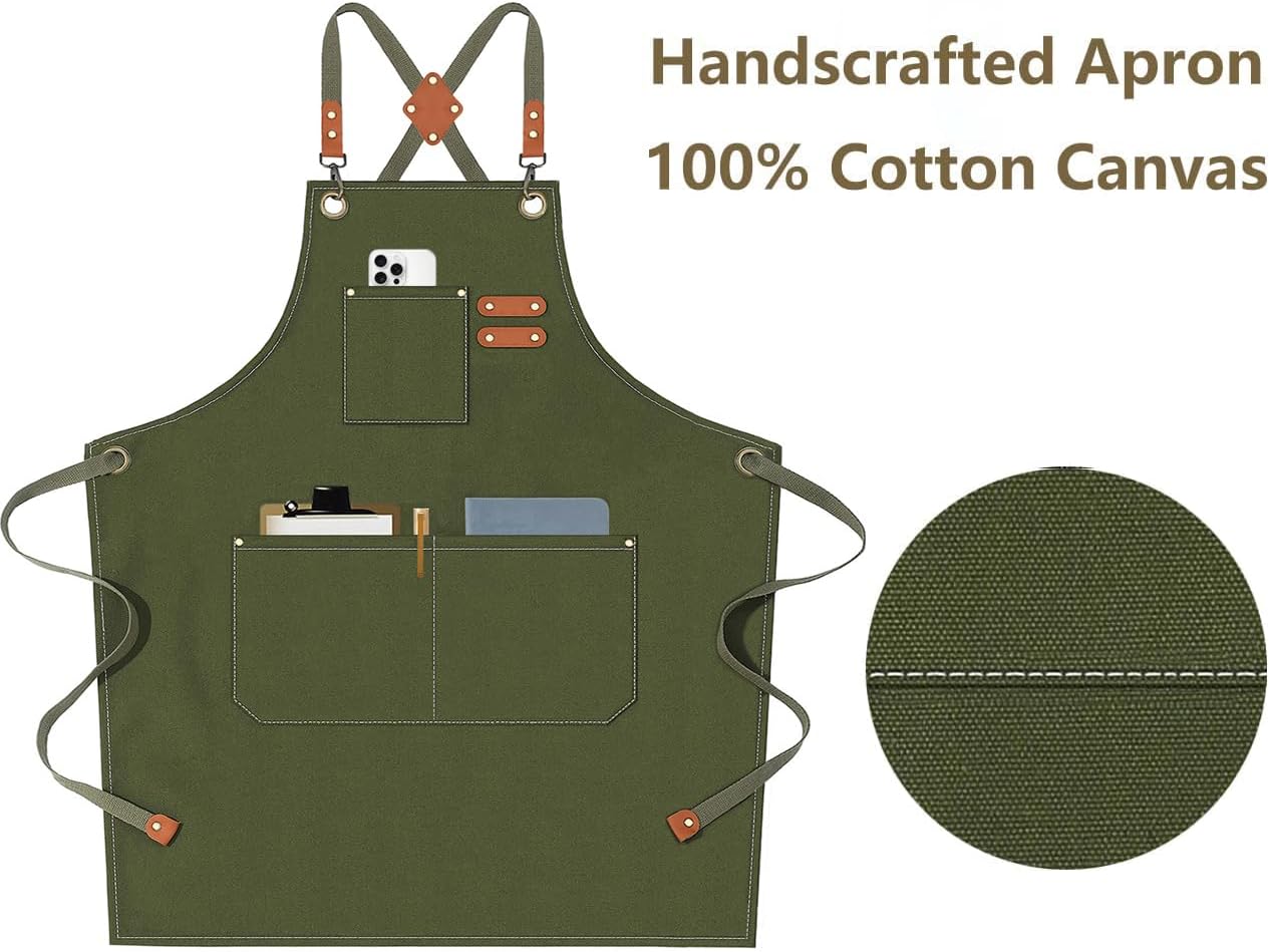 Chef Aprons for Men Women with Oversized Pockets,Cotton Canvas Cross Back Heavy Duty Work Apron,Army Green