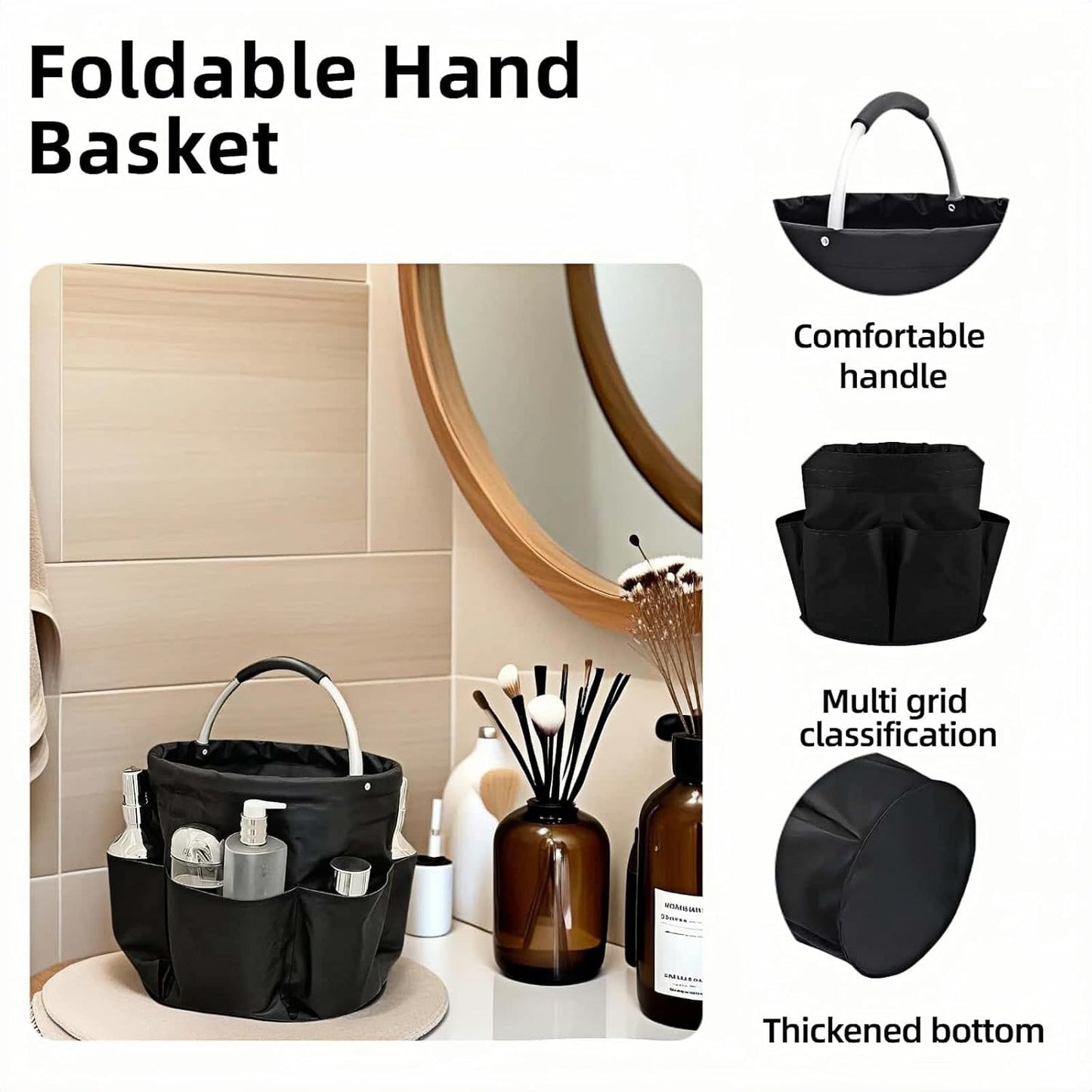 Collapsible Basket with Handles: Portable Picnic, Beach, Garden Harvest,Market Shopping Basket, Home Storage, Bathroom Organizer,Black