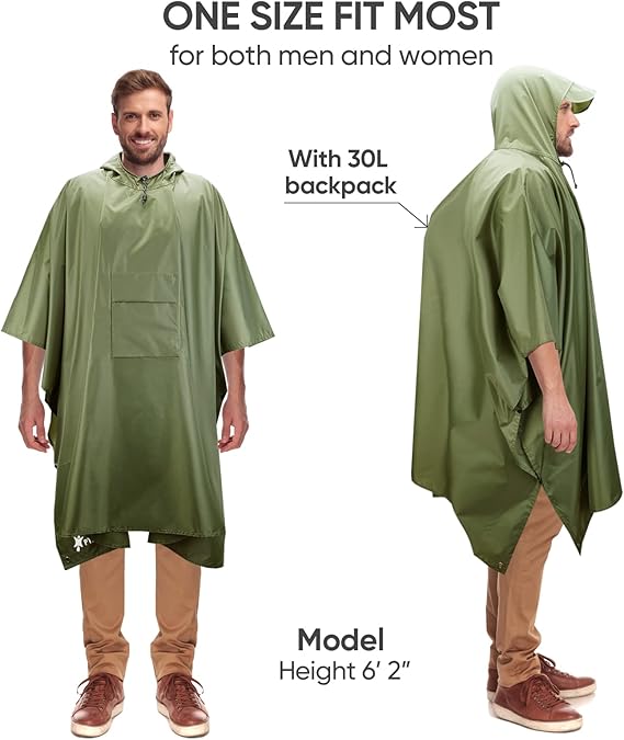 Hooded Rain Poncho for Adult with Pocket, Waterproof Lightweight Unisex Raincoat for Hiking Camping Emergency ,Green