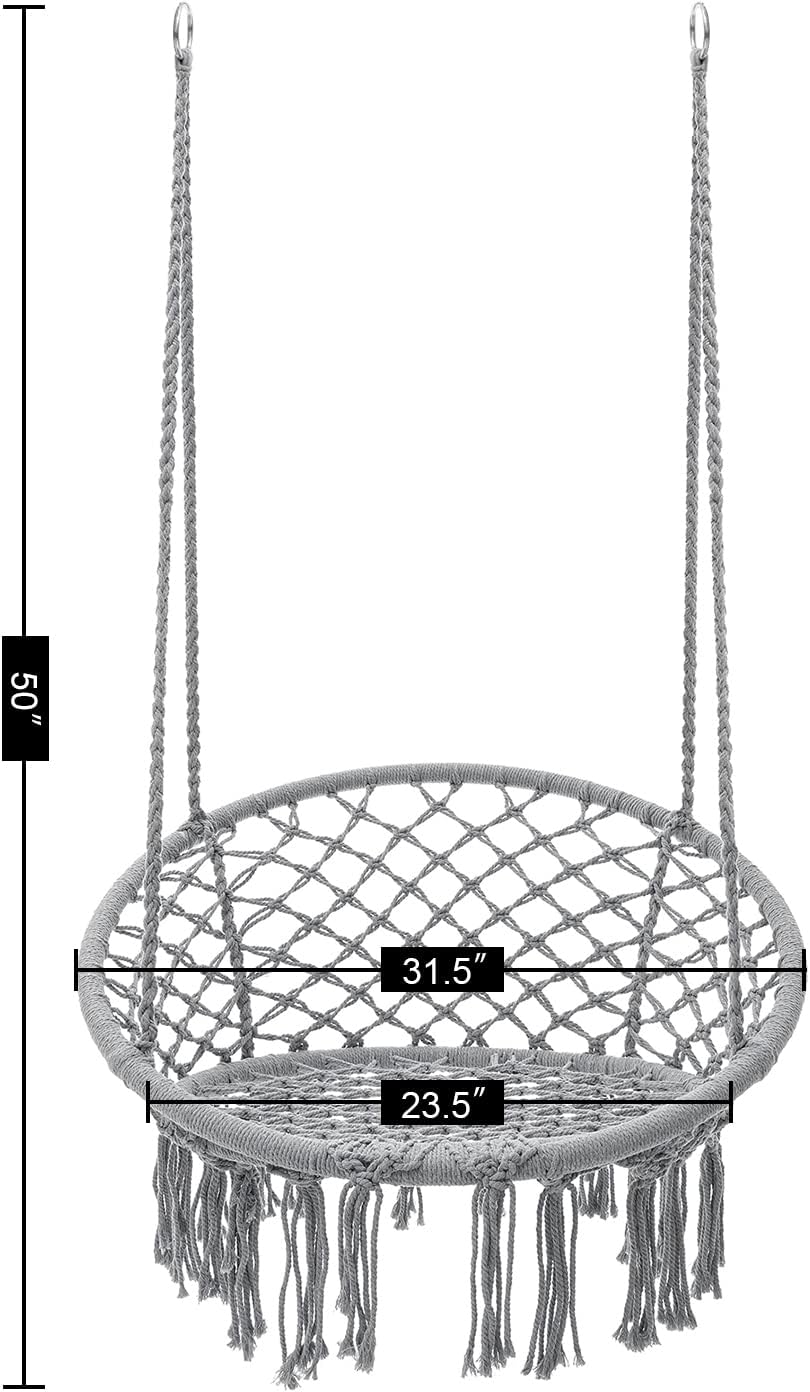 Macrame Hammock Hanging Rocking Chair, Suitable for Bedroom, Outdoor, Children, Adults, Huge Load-bearing Capacity（Light Grey）