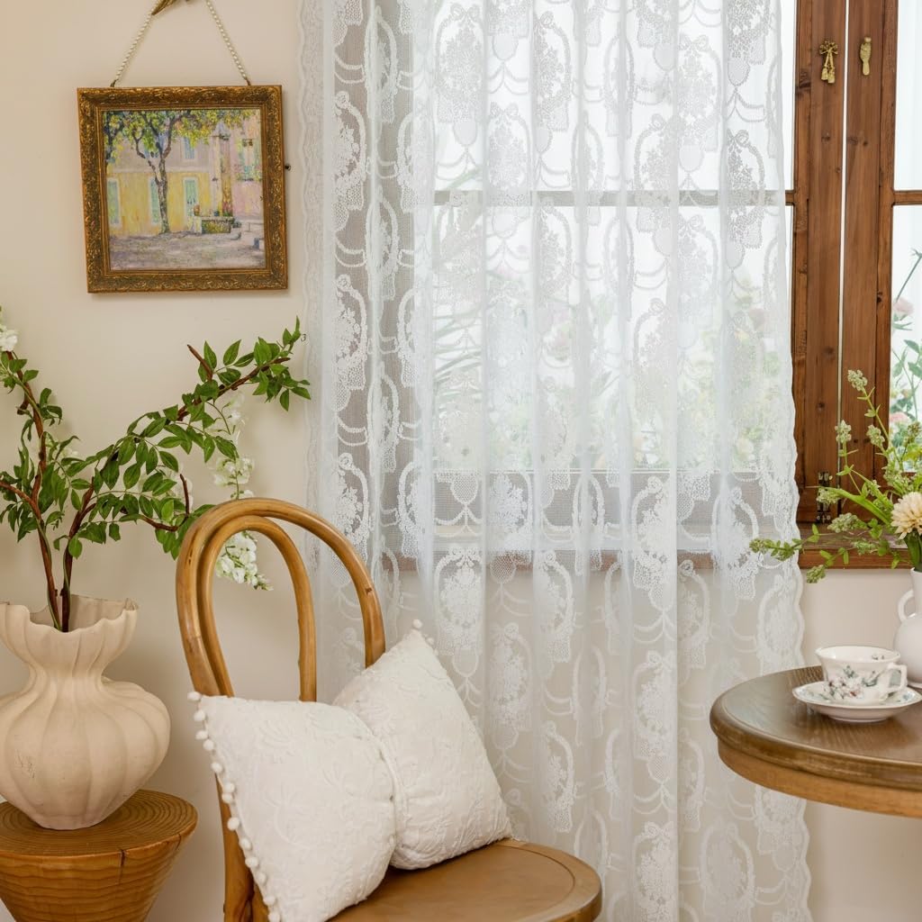 White Lace French Delicacy Curtains -Rod Pocket Luxury Vintage Bow Butterfly Flower Sheer Lace Curtains for Living Room Bedroom