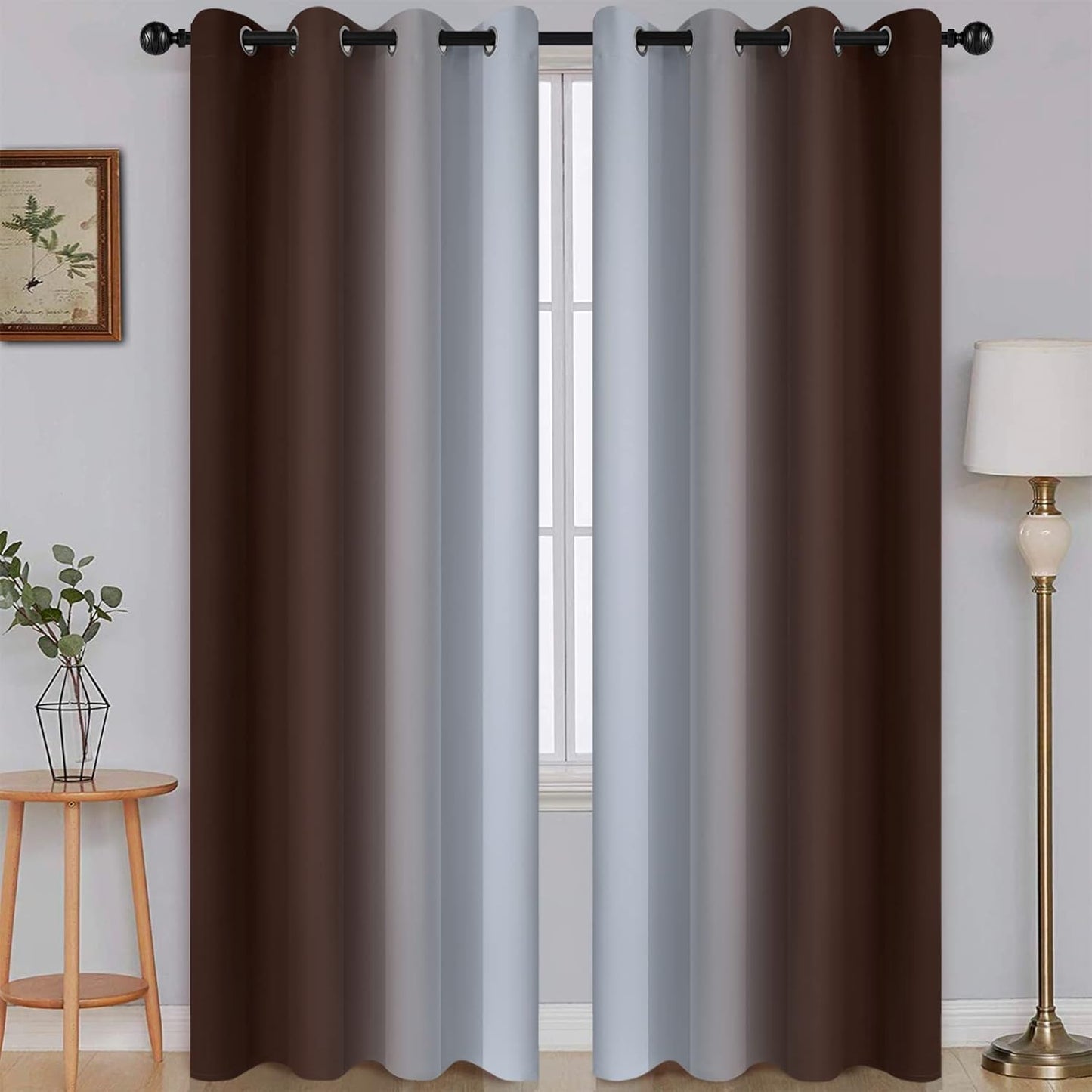Ombre Room Darkening Curtains for Bedroom,  Light Blocking Thermal Insulated Grommet Window Curtain/Drapes for Living Room,2 Panels,Brown&White