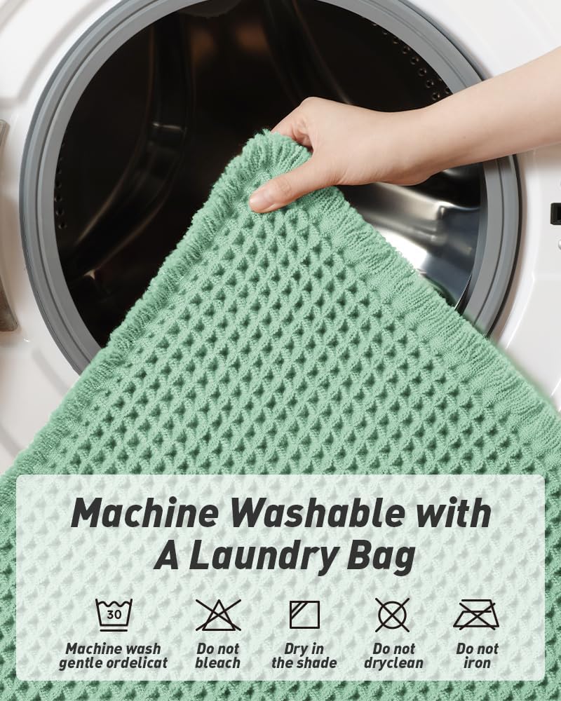 Waffle Bath Mat, Super Absorbent Non Slip Bath Mats for Bathroom Floor, Machine Washable Bathroom Rugs with Tassels,Ultra Soft,Sage