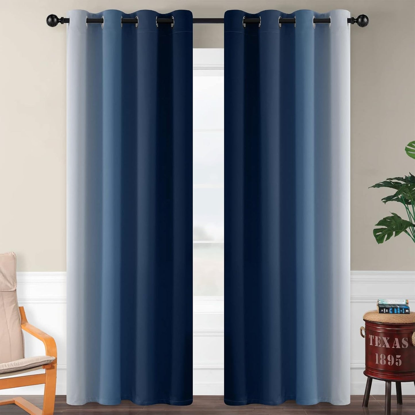 Ombre Room Darkening Curtains for Bedroom, Light Blocking Thermal Insulated Grommet Window Curtain/Drapes for Living Room,2 Panels,Navy&White