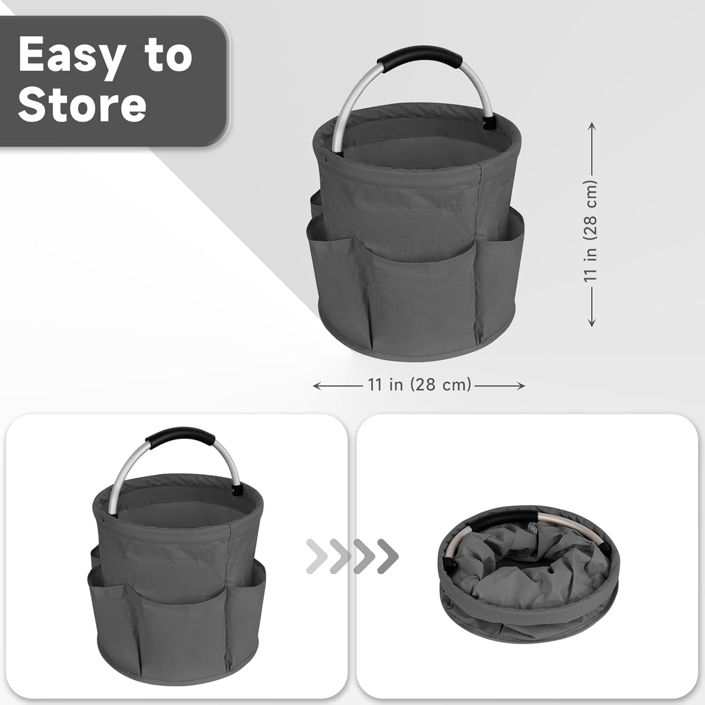 Collapsible Basket with Handles: Portable Picnic, Beach, Garden Harvest,Market Shopping Basket, Home Storage, Bathroom Organizer,Grey