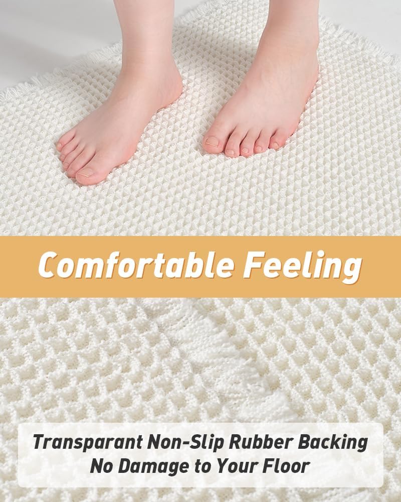 Waffle Bath Mat, Super Absorbent Non Slip Bath Mats for Bathroom Floor, Machine Washable Bathroom Rugs with Tassels,Ultra Soft,White
