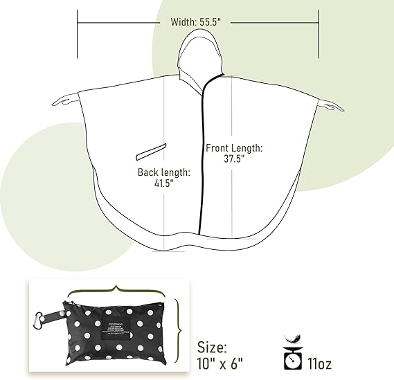 Unisex Rain Poncho Raincoat Hooded with Pockets&ZIpper ,Fashion,Beautiful, Durable, Lightweight,(Black Dot)