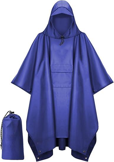 Hooded Rain Poncho for Adult with Pocket, Waterproof Lightweight Unisex Raincoat for Hiking Camping Emergency ,Blue