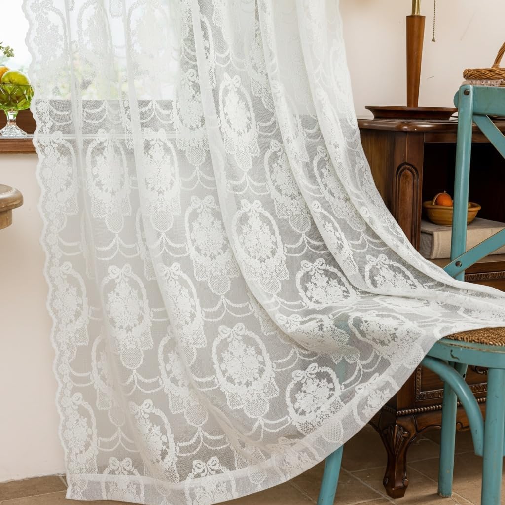 White Lace French Delicacy Curtains -Rod Pocket Luxury Vintage Bow Butterfly Flower Sheer Lace Curtains for Living Room Bedroom