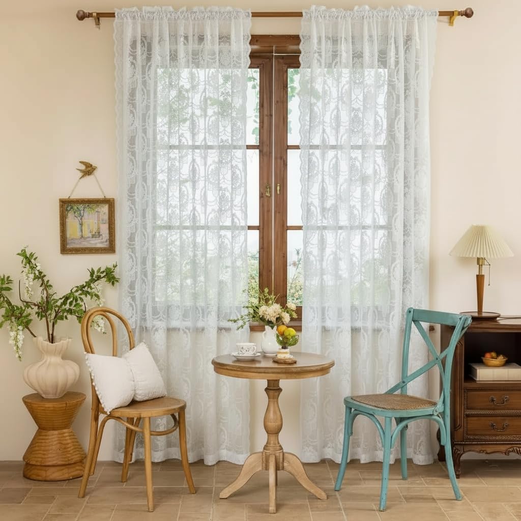 White Lace French Delicacy Curtains -Rod Pocket Luxury Vintage Bow Butterfly Flower Sheer Lace Curtains for Living Room Bedroom