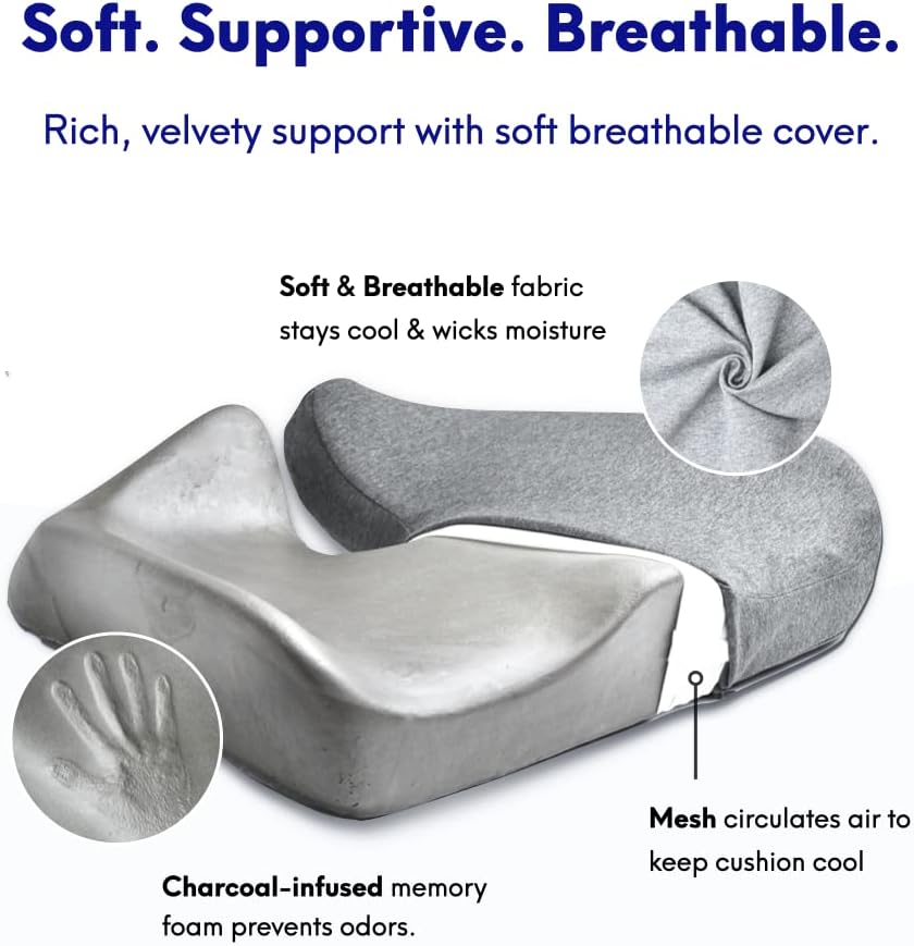 Pressure Relief Seat Cushion for Long Sitting Hours -  Memory Foam for Soft Support. Car & Chair Pad for Hip, Tailbone, Sciatica - Grey