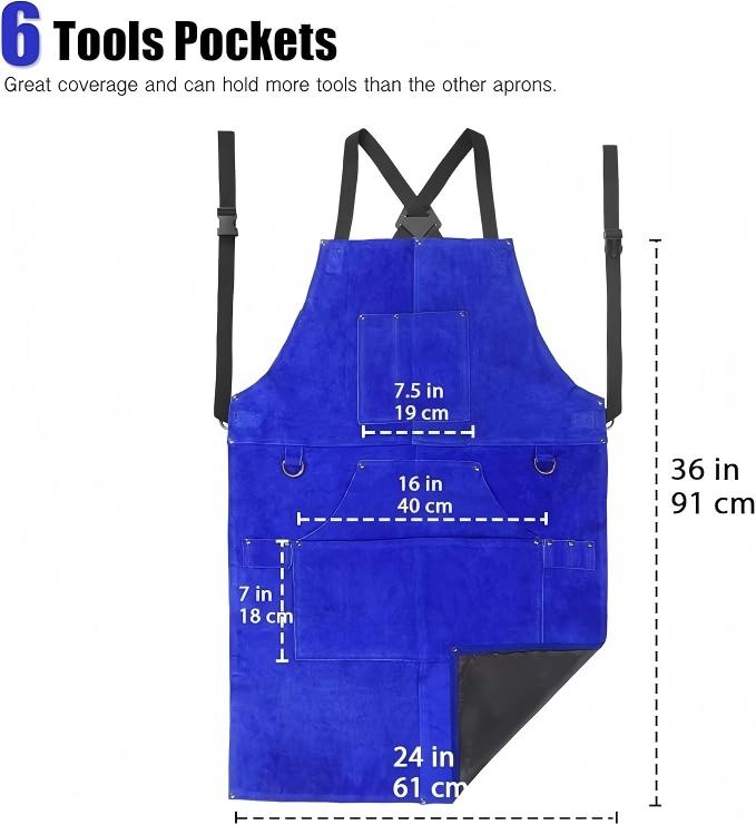 Leather Welding Work Apron with 6 Tool Pockets, Heat & Flame Resistant Welder Aprons, 24" x 36", Adjustable M to XXXL,Blue
