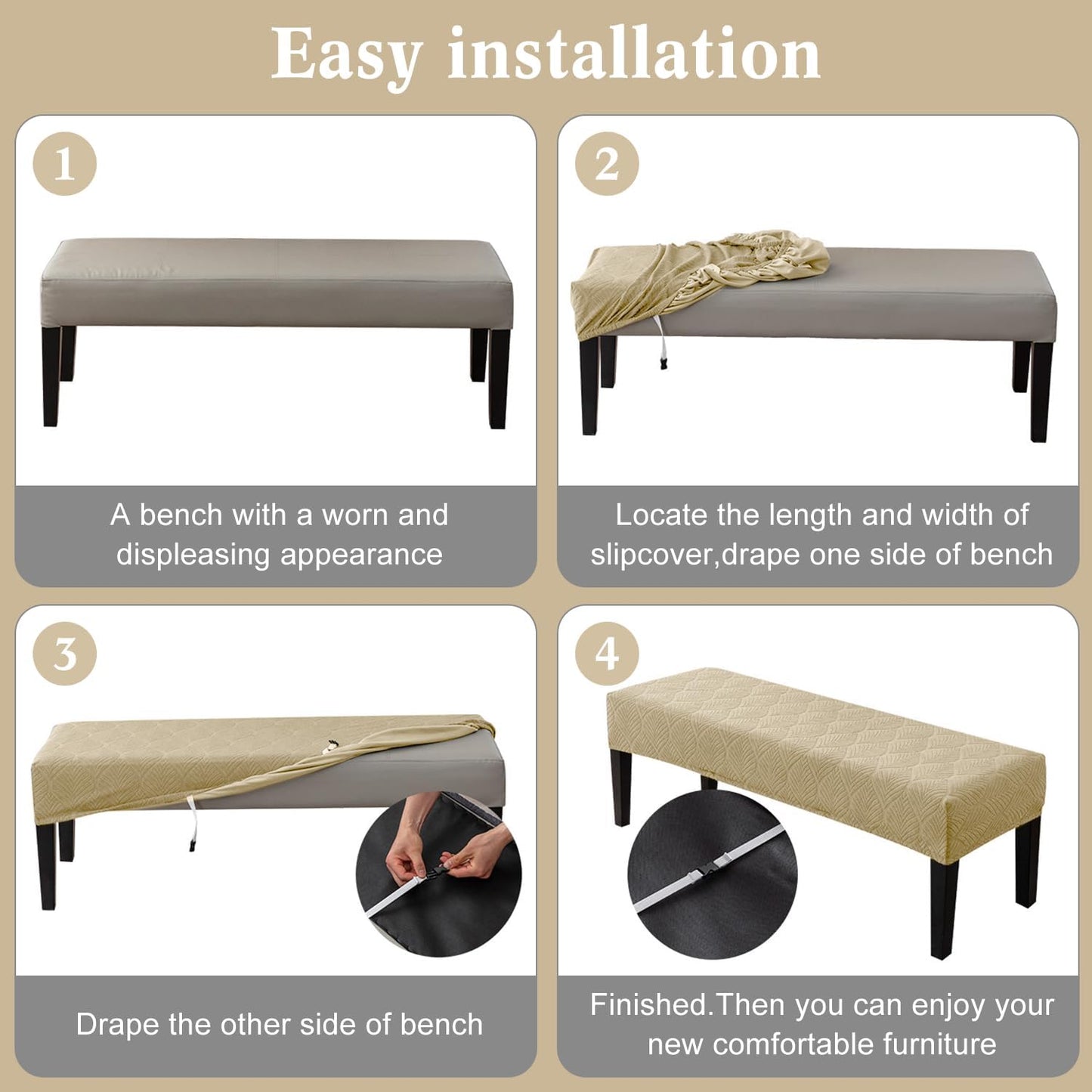 Dining Bench Cover Waterproof, Washable Long Bench Covers Slipcover, Stretch Rectangle Bench Seat Covers for Living Rooms, Bedroom, Kitchen, Piano Bench Cover, Khaki