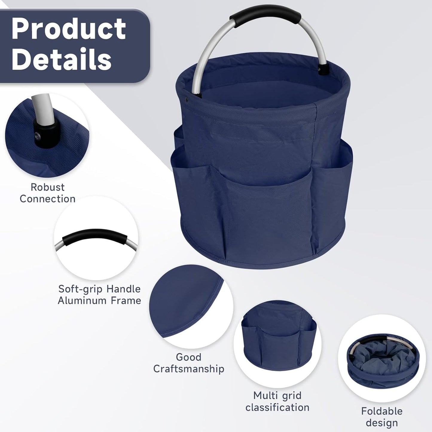 Collapsible Basket with Handles: Portable Picnic, Beach, Garden Harvest,Market Shopping Basket, Home Storage, Bathroom Organizer,Navy