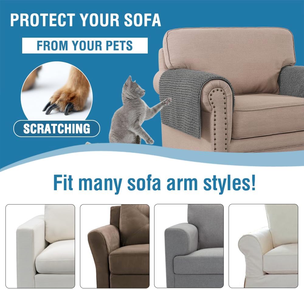 2 Packs Plush Chenille Couch Armrest Cover Thick and Soft Sofa Covers Water Resistant Furniture Protector Cover for Pets,Grey