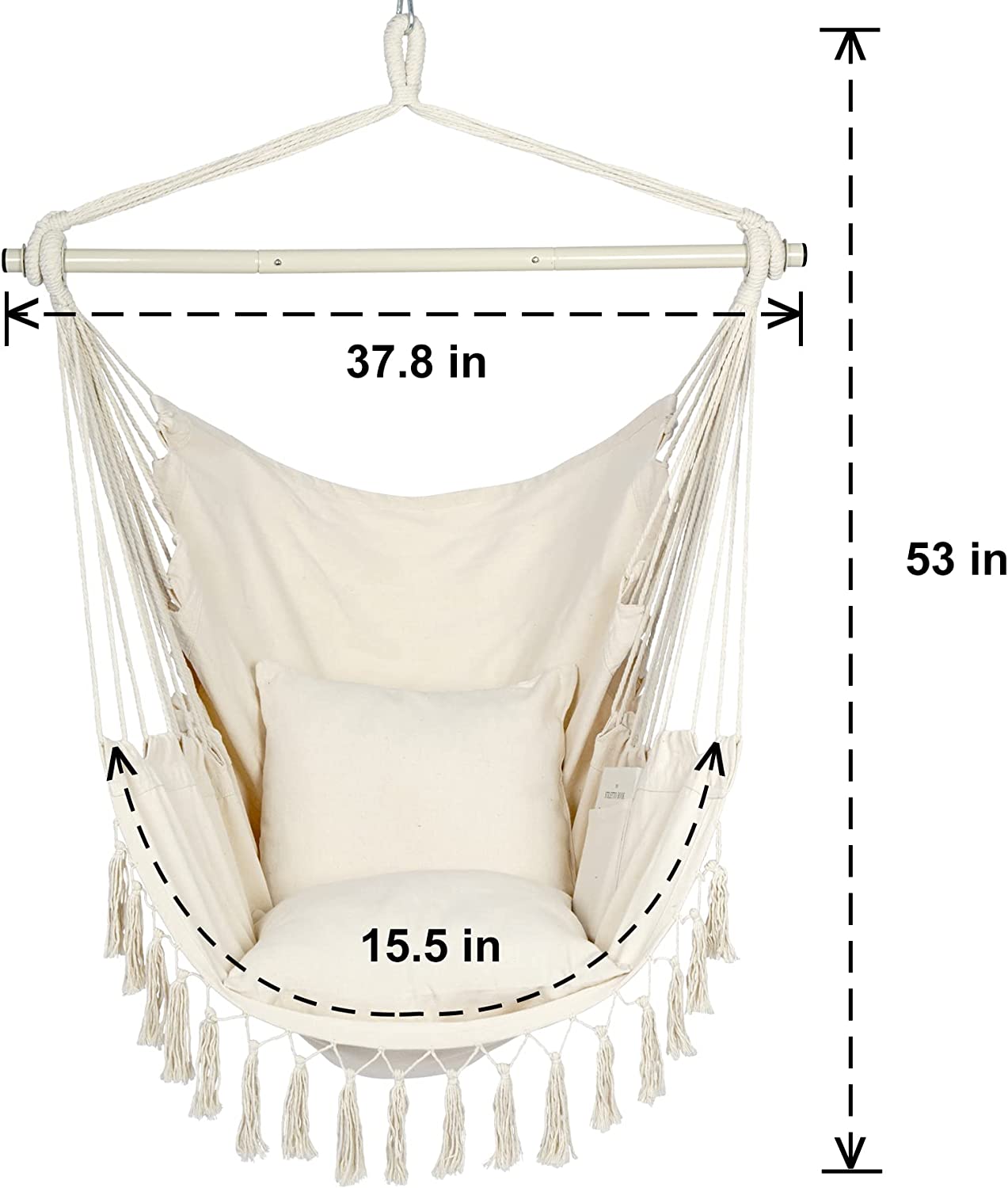 Hammock Chair Hanging Rope Swing, Large Hanging Chair with Pocket and tassels,Cushions for Superior Comfort, with Hardware Kit (Beige)