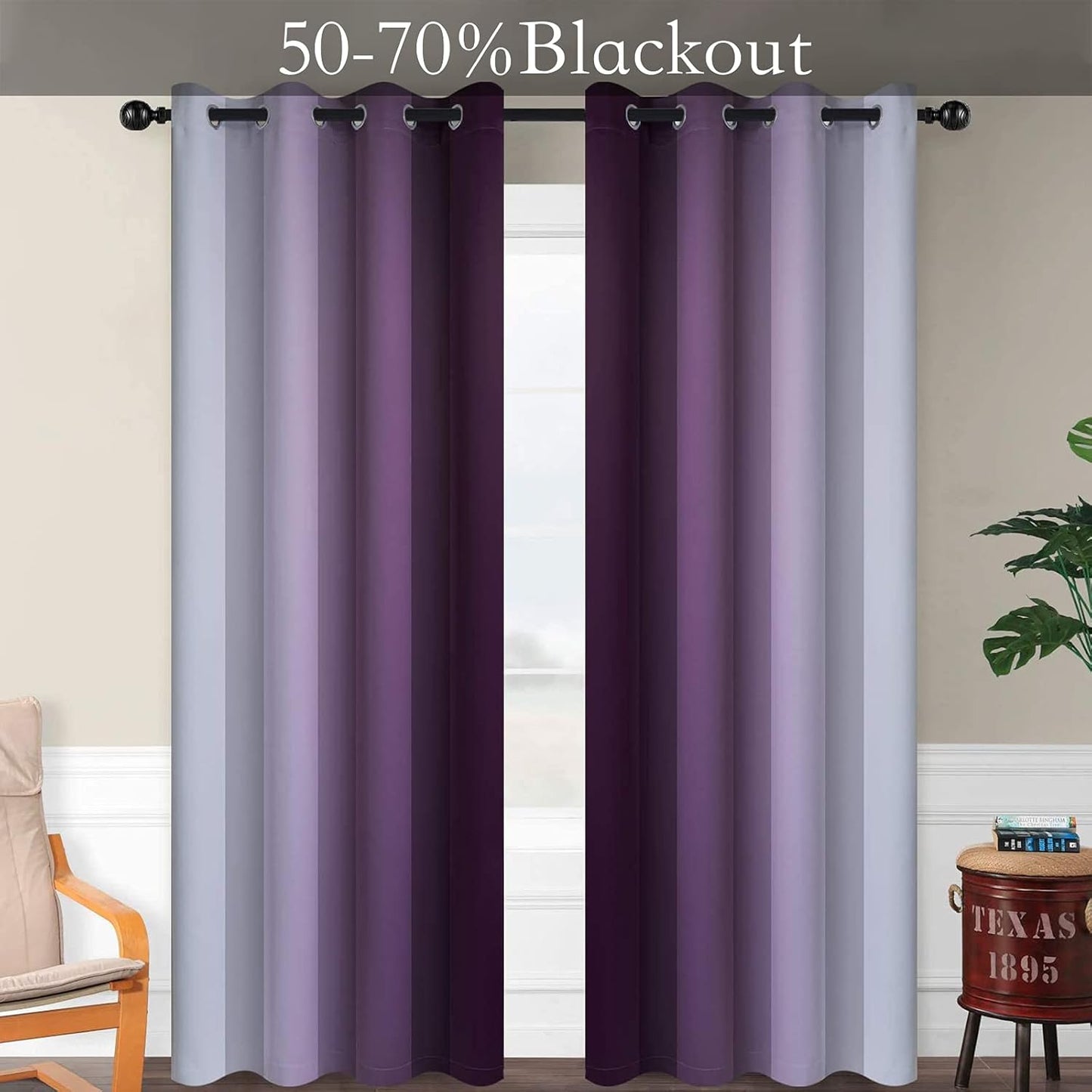 Ombre Room Darkening Curtains for Bedroom,  Light Blocking Thermal Insulated Grommet Window Curtain/Drapes for Living Room,2 Panels,Purple&White
