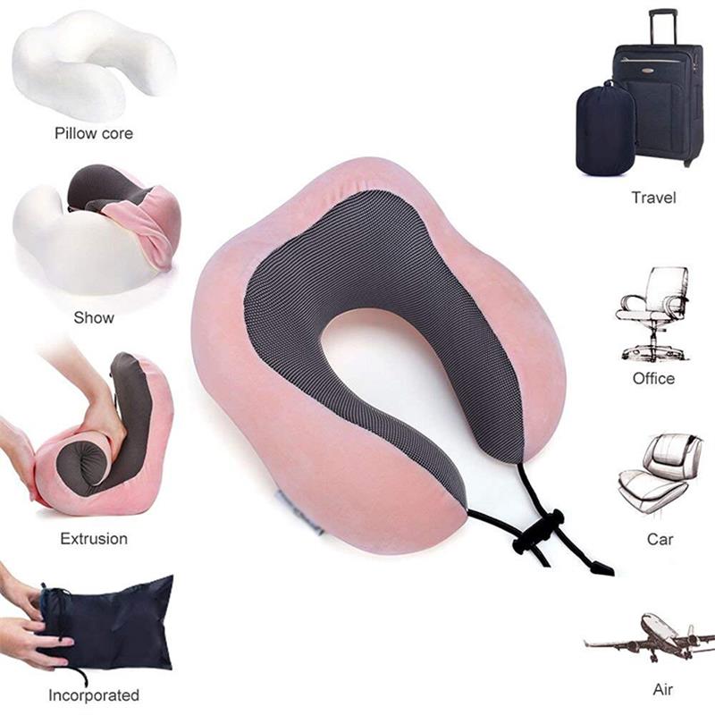 Travel Pillow 100% Pure Memory Foam Neck Pillow, Warm Velvet Cover - Machine Washable, Airplane Travel Kit with 3D Sleep Mask, Earplugs, and Luxury Bag,Pink