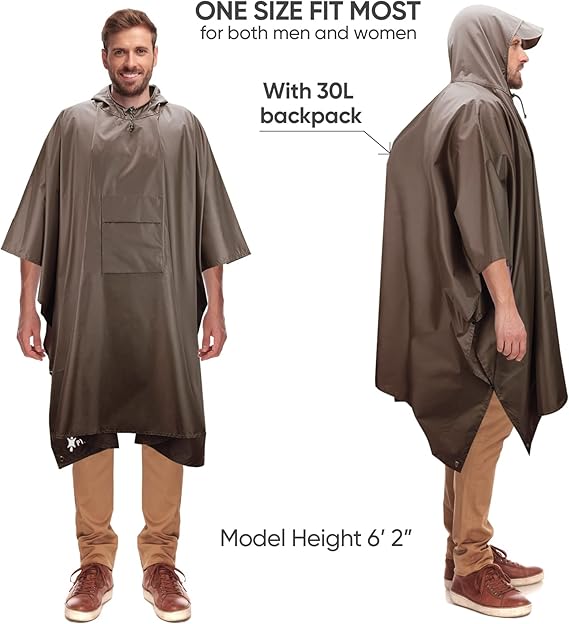 Hooded Rain Poncho for Adult with Pocket, Waterproof Lightweight Unisex Raincoat for Hiking Camping Emergency ,Brown