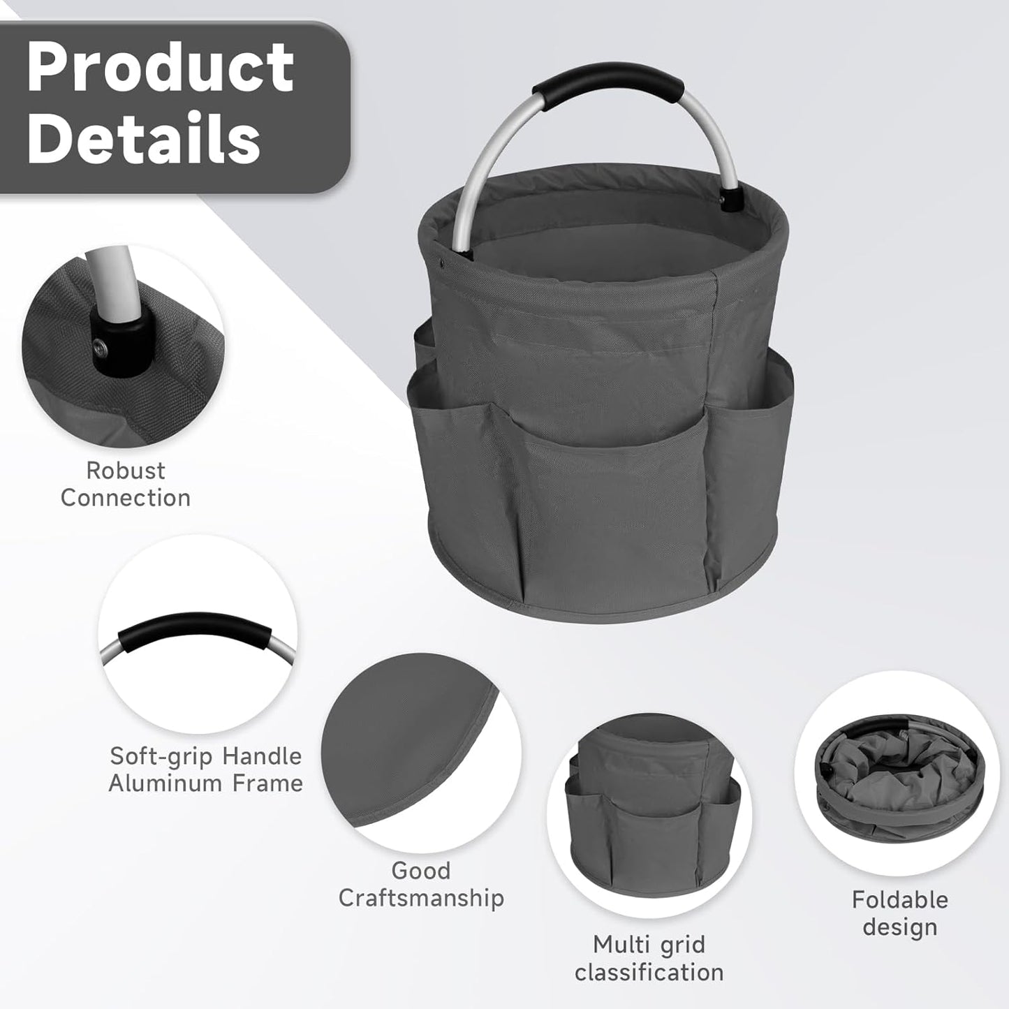 Collapsible Basket with Handles: Portable Picnic, Beach, Garden Harvest,Market Shopping Basket, Home Storage, Bathroom Organizer,Grey