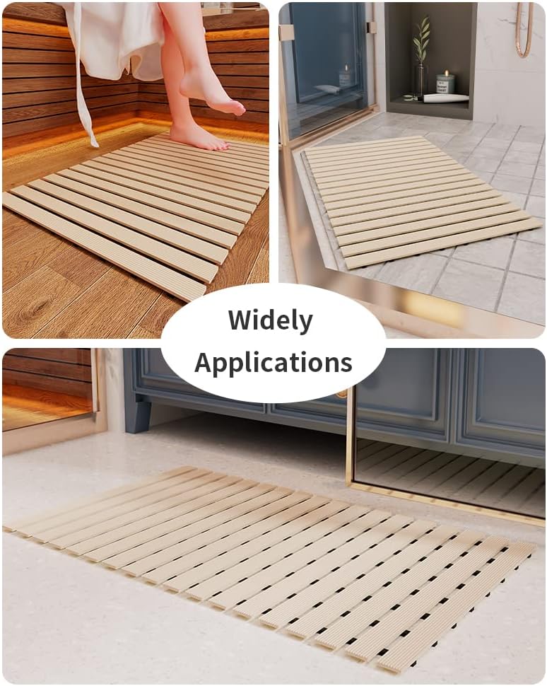 Shower-Mat Non Slip, Heavy Duty Bathtub-Mat Curlable Quick Drain Sturdy Bath Tub Mat Without Suction Cups for Indoor Outdoor Use, Beige