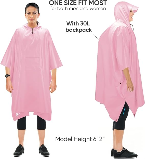 Hooded Rain Poncho for Adult with Pocket, Waterproof Lightweight Unisex Raincoat for Hiking Camping Emergency ,Pink