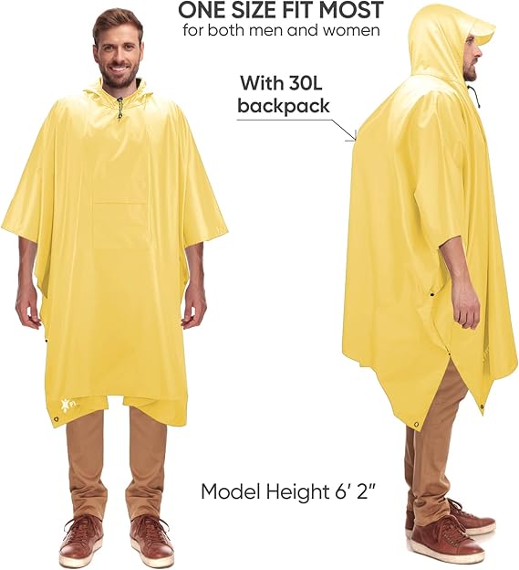 Hooded Rain Poncho for Adult with Pocket, Waterproof Lightweight Unisex Raincoat for Hiking Camping Emergency ,Yellow