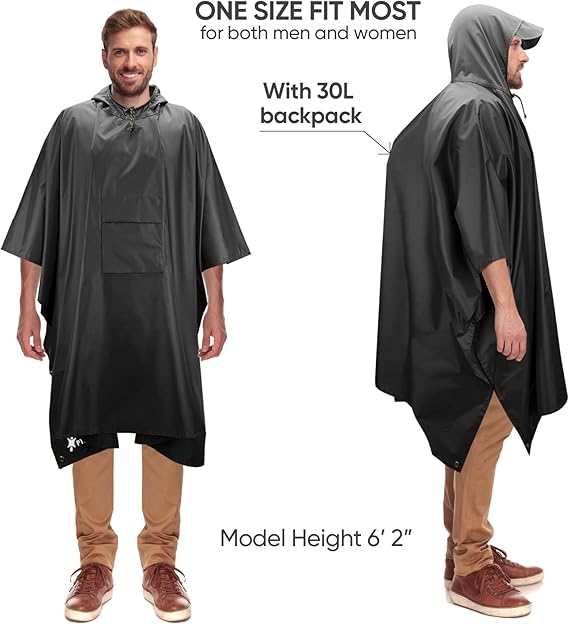 Hooded Rain Poncho for Adult with Pocket, Waterproof Lightweight Unisex Raincoat for Hiking Camping Emergency ,Black