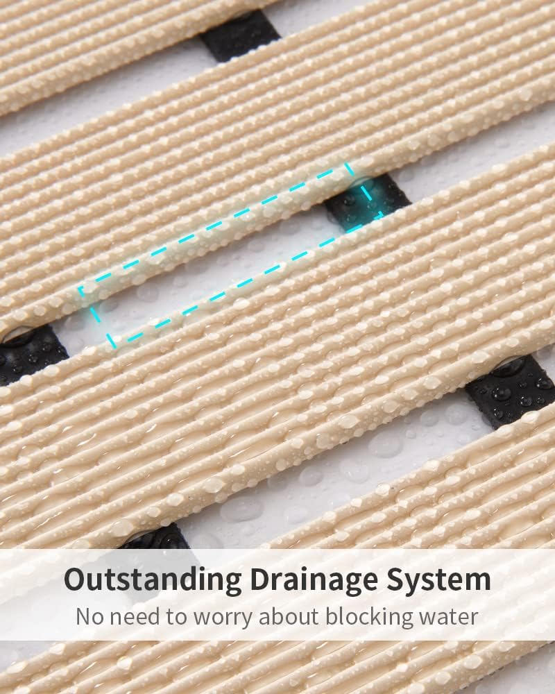 Shower-Mat Non Slip, Heavy Duty Bathtub-Mat Curlable Quick Drain Sturdy Bath Tub Mat Without Suction Cups for Indoor Outdoor Use, Beige
