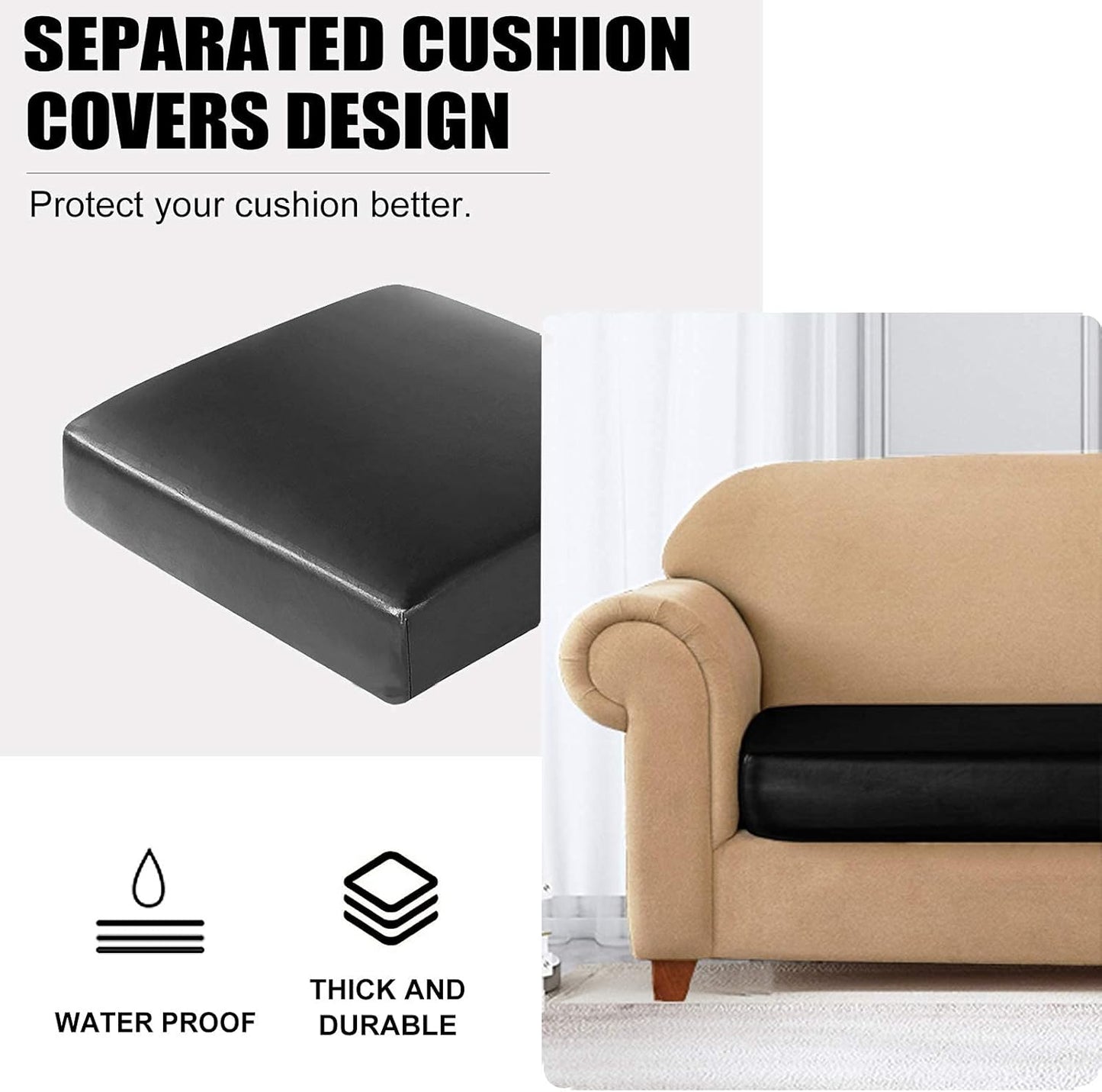 Waterproof PU Sofa Cushion Covers, Leather RV Chair Seat Slipcover with Elastic Bottom Furniture Protector for Settee Seater Replacement, Washable,Black