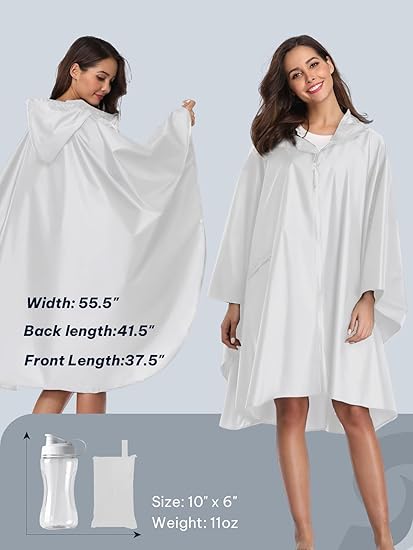Unisex Rain Poncho Raincoat Hooded with Pockets&ZIpper ,Fashion,Beautiful, Durable, Lightweight,(White)