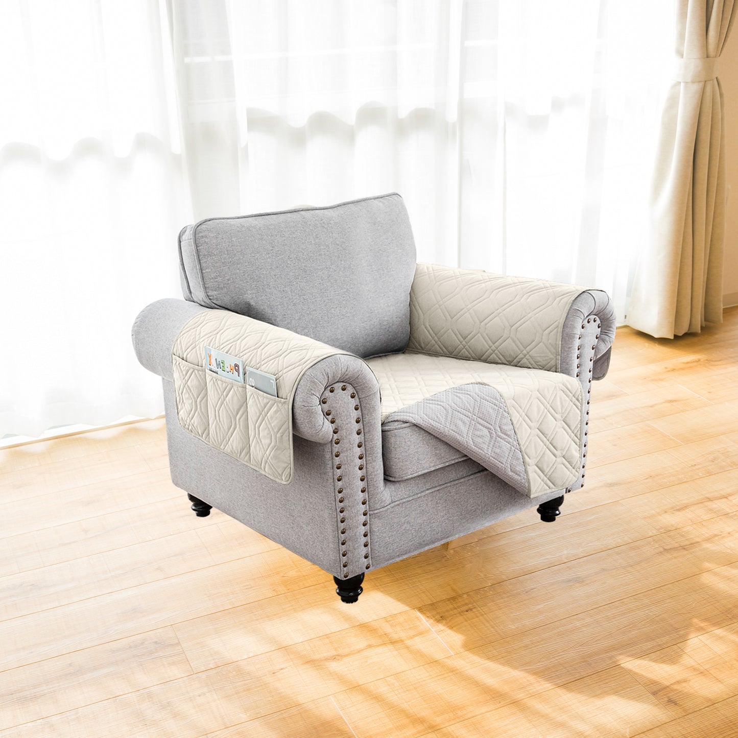 Recliner Sofa Cover Backless  for 1/2/3 Seater with Pocket, Slipcovers Reversible Washable Elastic Adjustable Strap for home,Ivory