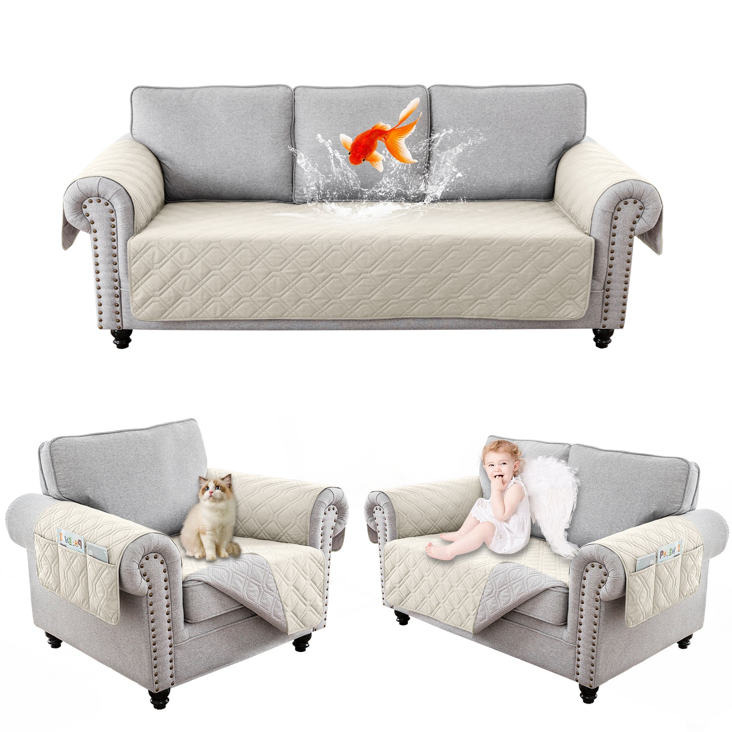 Recliner Sofa Cover Backless  for 1/2/3 Seater with Pocket, Slipcovers Reversible Washable Elastic Adjustable Strap for home,Ivory